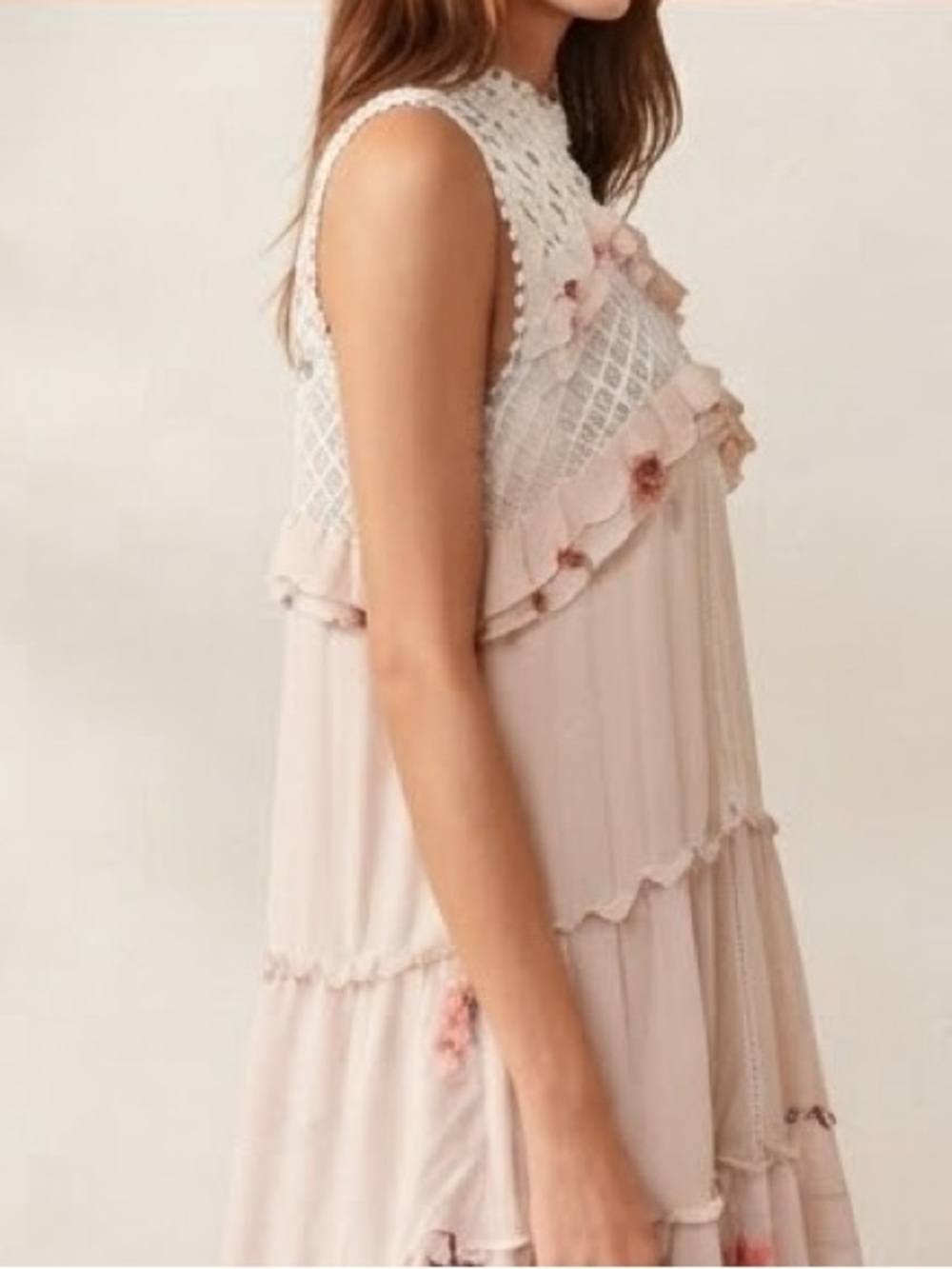POL Boho Romance Swiss Dot Crotchet and Lace Ruffle Tunic Top Blush size Medium